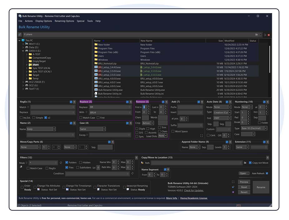 Bulk Rename Utility를 사용하여 파일 이름을 일괄 변경하는 화면