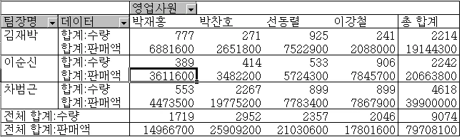 필터링한 자료의 피벗 테이블 작업 예제 화면 2