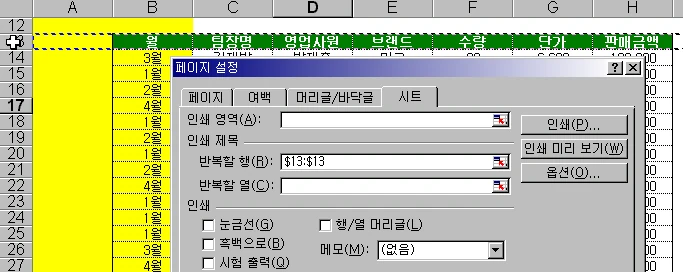 행과 열 반복 인쇄하기 예제 화면 1