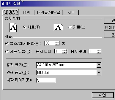 페이지번호 지정하기 예제 화면 1