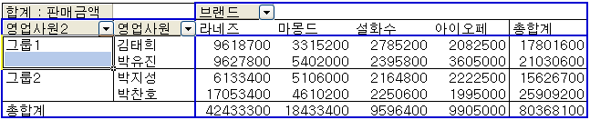 피벗 테이블 그룹 이름을 수정하는 화면