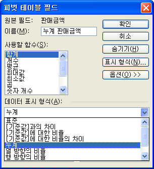 피벗 테이블 필드 설정 화면