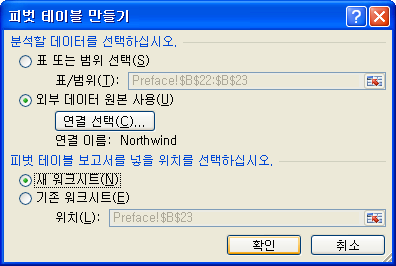 피벗 테이블 만들기 대화상자에서 연결 이름 Northwind 확인 후 새 워크시트 선택