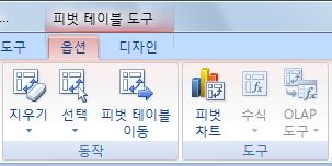 피벗 테이블을 선택했을 때 나타나는 피벗 테이블 도구의 옵션 탭 - 동작, 도구 그룹
