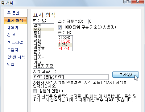 축 서식 대화상자의 표시 형식 탭에서 사용자 지정 서식 코드 #,##0;[빨강]#,##0을 추가하는 화면