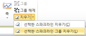 디자인 탭의 지우기 메뉴에서 선택한 스파크라인 지우기, 선택한 스파크라인 그룹 지우기를 선택하는 화면