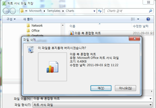 차트 서식 파일 저장 대화상자에서 저장된 서식 파일을 삭제 확인하는 화면