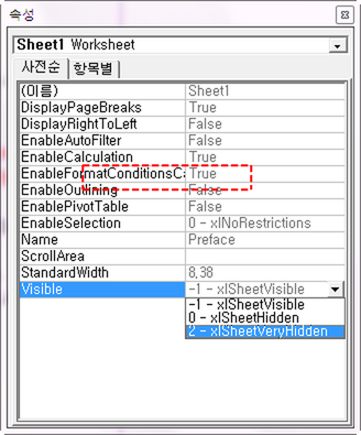 Sheet1 속성 창. Visible 값을 펼친 목록에서 '-1 - xlSheetVisible', '0 - xlSheetHidden', '2 - xlSheetVeryHidden' 중 마지막 항목이 선택되어 있고 그 옵션이 빨간 점선 사각형으로 표시됨