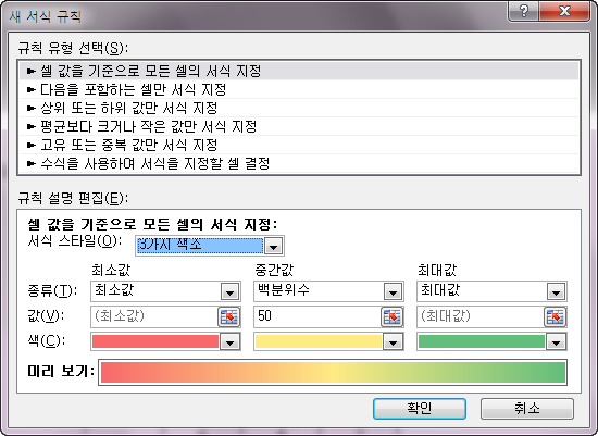 새 서식 규칙 대화상자. 규칙 유형은 '셀 값을 기준으로 모든 셀의 서식 지정', 서식 스타일은 '3가지 색조'이며 최소값(빨강), 백분위수 50(노랑), 최대값(초록) 색을 지정한 화면