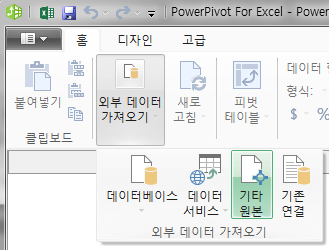 PowerPivot for Excel 창의 홈 탭. '외부 데이터 가져오기'를 펼쳐 데이터베이스, 데이터 서비스, 기타 원본, 기존 연결 아이콘이 보이고 '기타 원본'이 선택됨