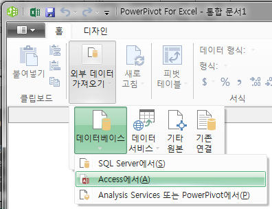 PowerPivot for Excel 창의 홈 탭. '외부 데이터 가져오기 - 데이터베이스'를 펼쳐 'Access에서', 'SQL Server에서', 'Analysis Services 또는 PowerPivot에서' 항목이 보이고 'Access에서'가 선택됨
