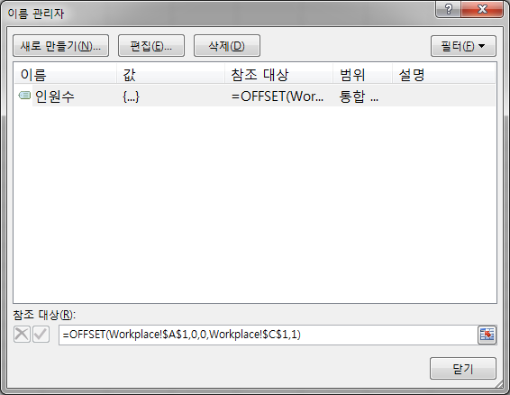 이름 관리자 대화상자. 인원수 이름이 OFFSET(Workplace!...,0,0,Workplace!$C$1,1)로 정의된 화면