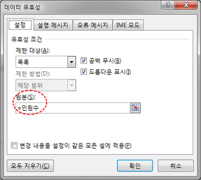 데이터 유효성 대화상자. 제한 대상은 '목록', 원본은 =인원수이며 원본 항목 부분이 빨간 점선 타원으로 표시됨