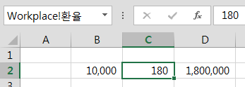 이름 상자에 Workplace!환율을 입력하고 C2 셀(값 180)을 선택한 화면. B2는 10,000, D2는 1,800,000