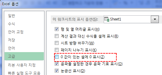Excel 옵션의 '고급' 화면. '이 워크시트의 표시 옵션'에서 Sheet1을 선택했고, '0 값이 있는 셀에 0 표시' 항목이 빨간 점선 사각형으로 표시되어 체크가 해제된 상태