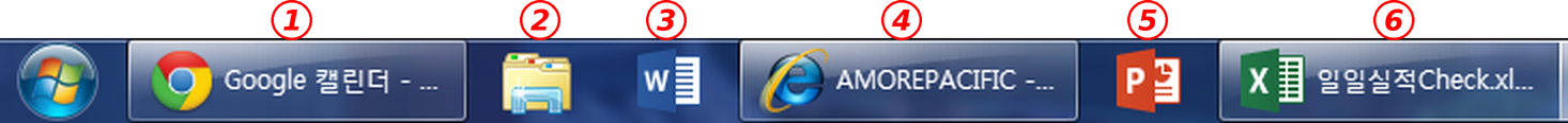 Windows 7 작업 표시줄. 왼쪽부터 Google Chrome(1), Windows 탐색기(2), MS 워드(3), 인터넷 익스플로러(4), 파워포인트(5), 엑셀(6) 아이콘 위에 번호가 표시됨