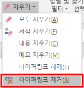'지우기' 목록에서 '하이퍼링크 제거' 명령을 선택한 화면. 목록에는 모두 지우기, 서식 지우기, 내용 지우기, 메모 지우기, 하이퍼링크 해제가 함께 표시됨