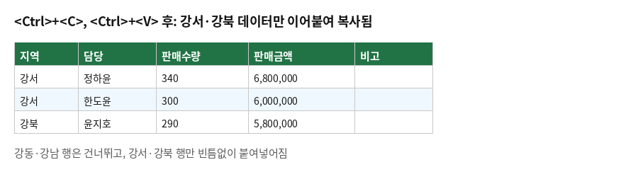떨어져 있는 영역을 범위로 지정하고 Ctrl+C, Ctrl+V하면 선택된 영역만 복사되는 결과