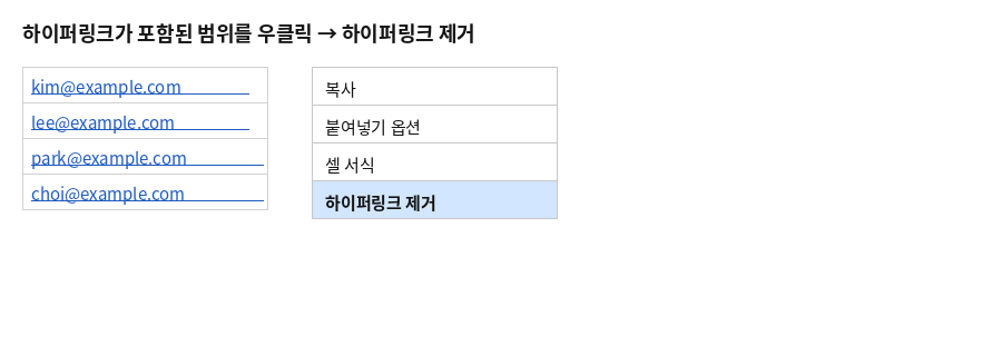 하이퍼링크가 포함된 범위를 우클릭하여 하이퍼링크 제거를 선택하는 화면