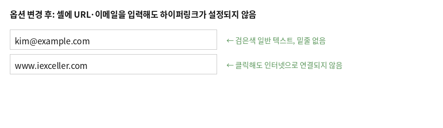 옵션 변경 후 셀에 URL과 이메일을 입력해도 하이퍼링크가 설정되지 않는 결과 화면