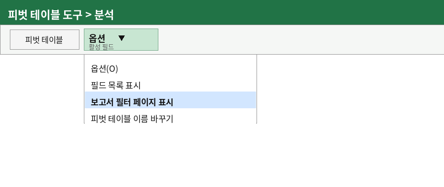 분석 탭 옵션 메뉴에서 보고서 필터 페이지 표시를 선택하는 화면