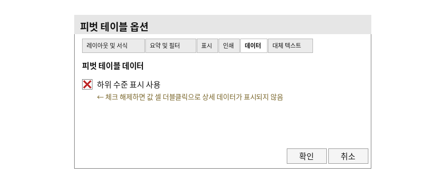 피벗 테이블 옵션 대화상자의 데이터 탭에서 하위 수준 표시 사용 체크를 해제하는 화면