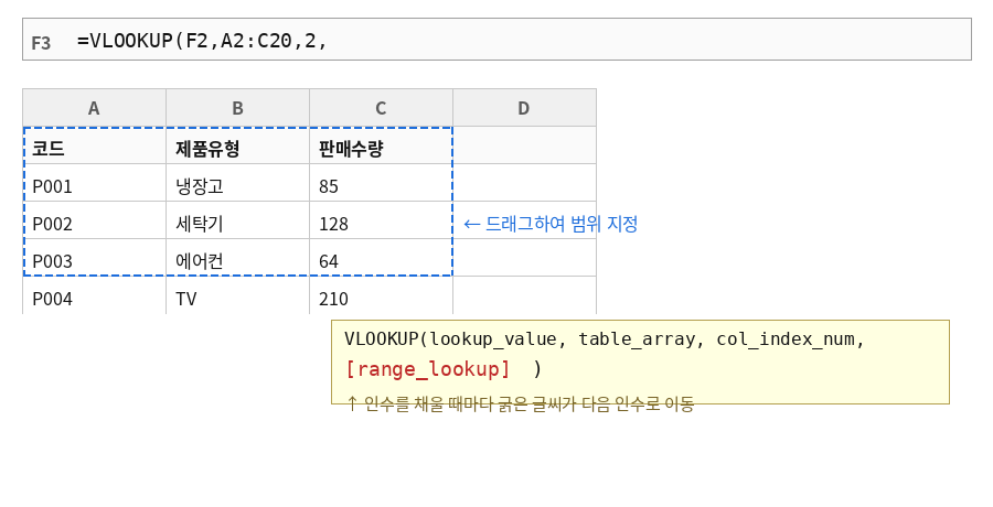 범위를 드래그하며 수식을 완성하는 과정 - 툴팁의 굵은 글씨가 다음 인수로 이동