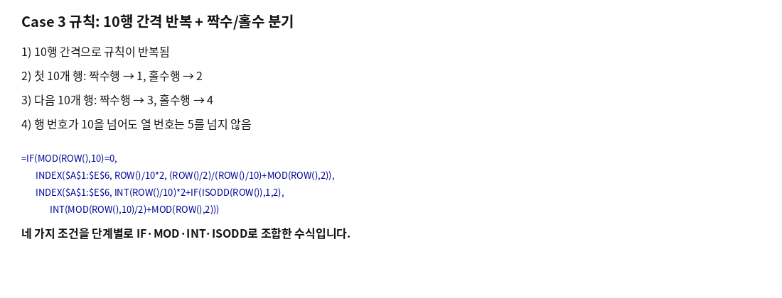 Case 3의 네 가지 규칙과 이를 조합한 IF·MOD·INT·ISODD 수식