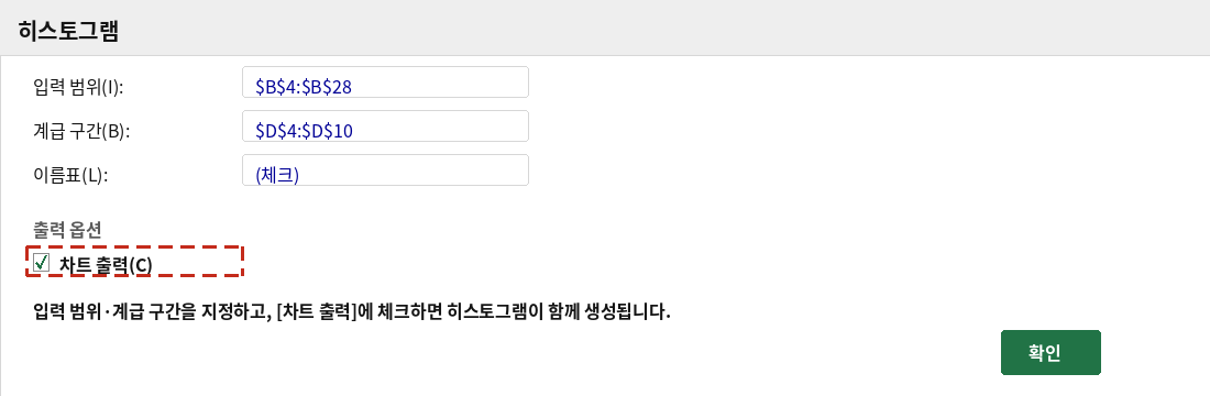 히스토그램 대화상자에서 입력 범위, 계급 구간, 차트 출력을 지정하는 화면