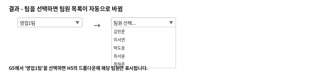 팀 선택에 따라 팀원 드롭다운이 자동으로 바뀌는 결과