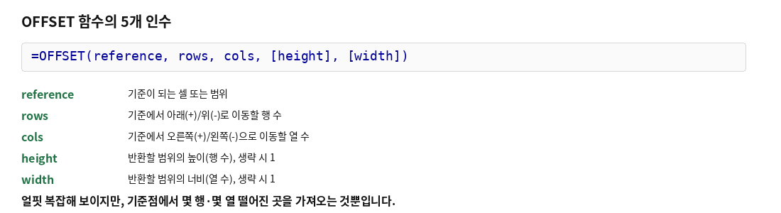 OFFSET 함수의 5개 인수(reference, rows, cols, height, width) 설명