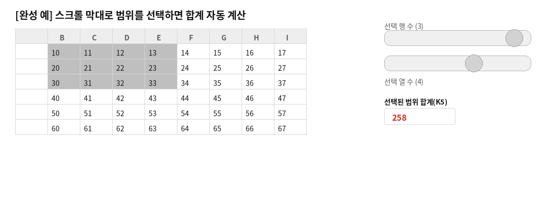 완성 예 - 스크롤 막대로 행 수와 열 수를 선택하면 범위가 색칠되고 합계가 계산되는 화면