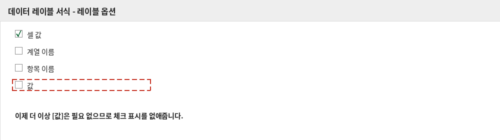 레이블 옵션에서 값 항목의 체크 표시를 해제하는 화면