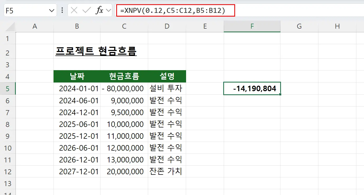 XNPV 함수 사용 예