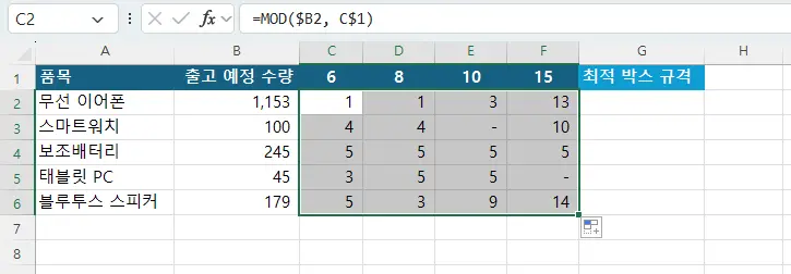 MOD 함수로 잔여량을 계산하기 위한 수식 작성
