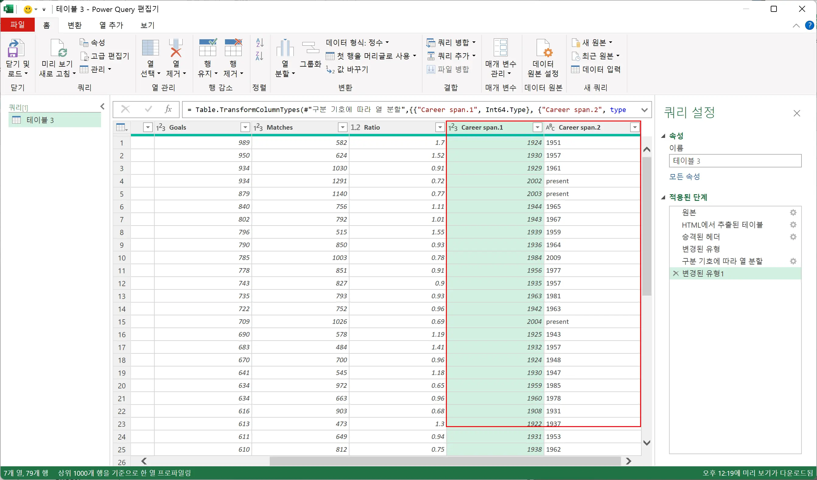 열이 대시를 기준으로 분할된 모습