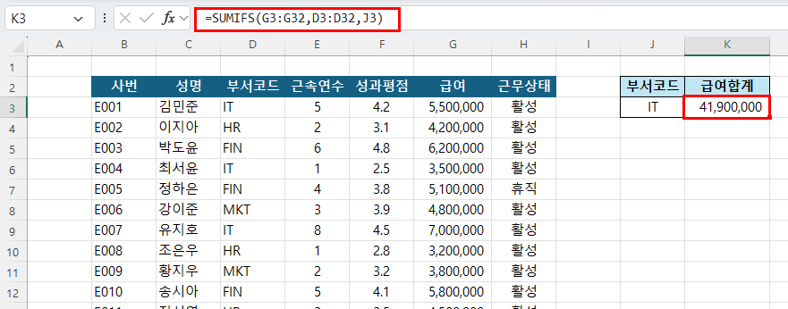 SUMIFS 다중 조건 분석