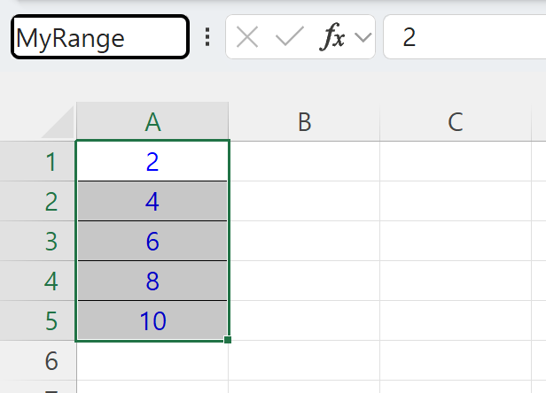 이름 상자에서 A1:A5 범위의 이름을 MyRange로 지정하는 화면