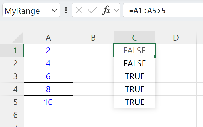 A1:A5>5 수식의 결과로 B1:B5에 TRUE와 FALSE가 표시된 화면