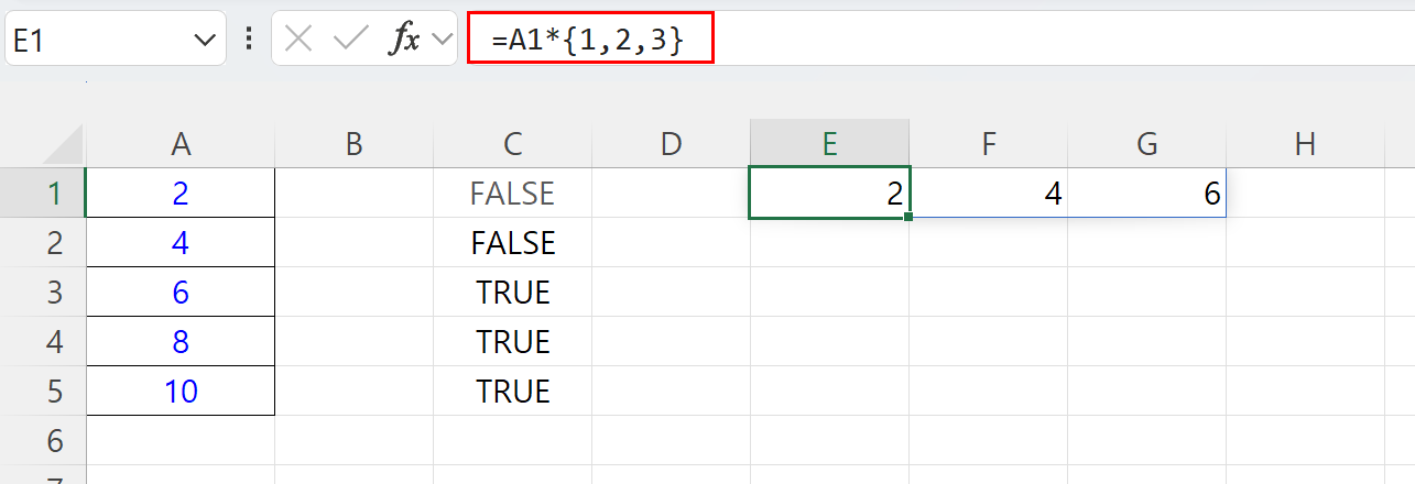 A1*{1,2,3} 수식의 결과로 B1:D1에 2, 4, 6이 표시된 화면