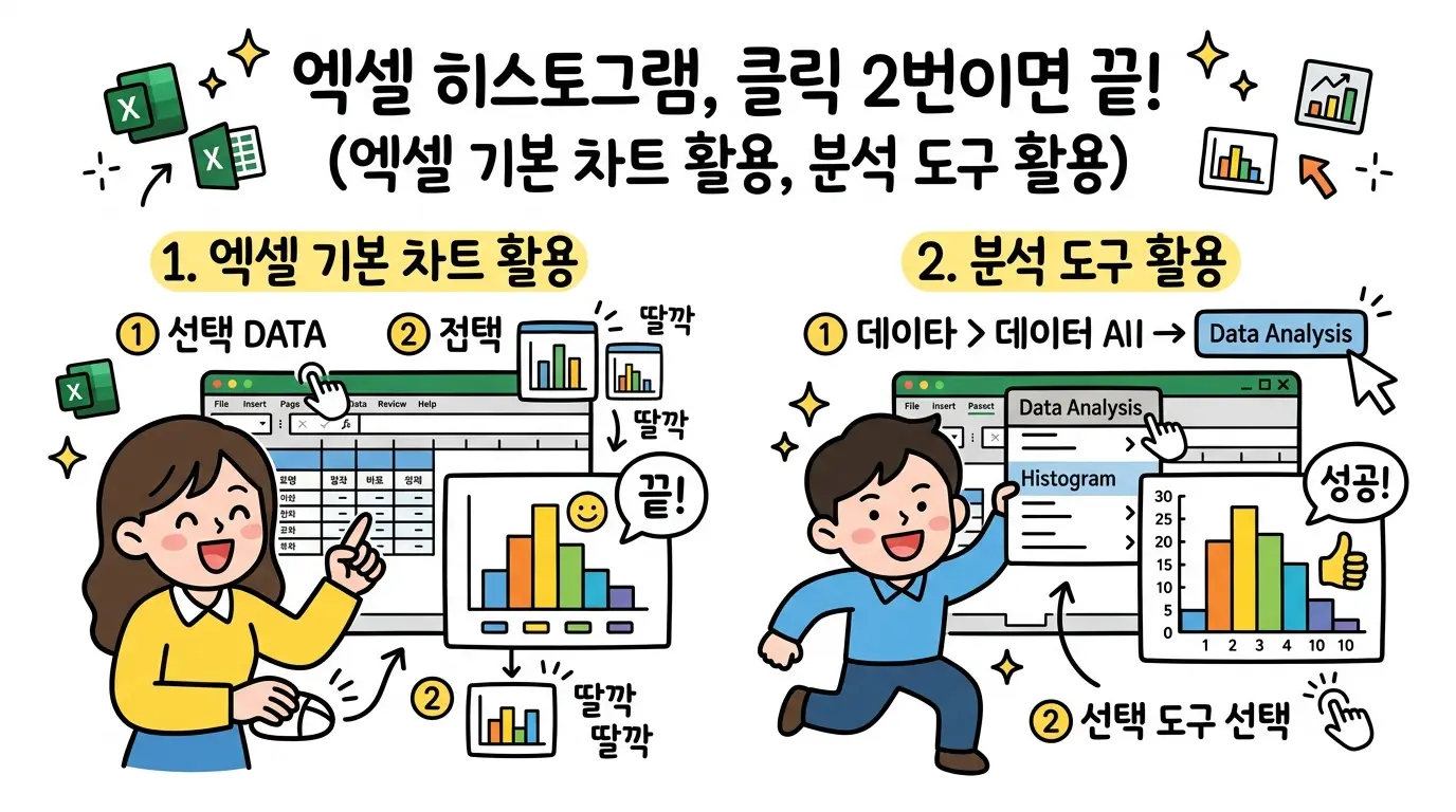 엑셀 히스토그램 차트 생성 및 계급 구간 설정 예시