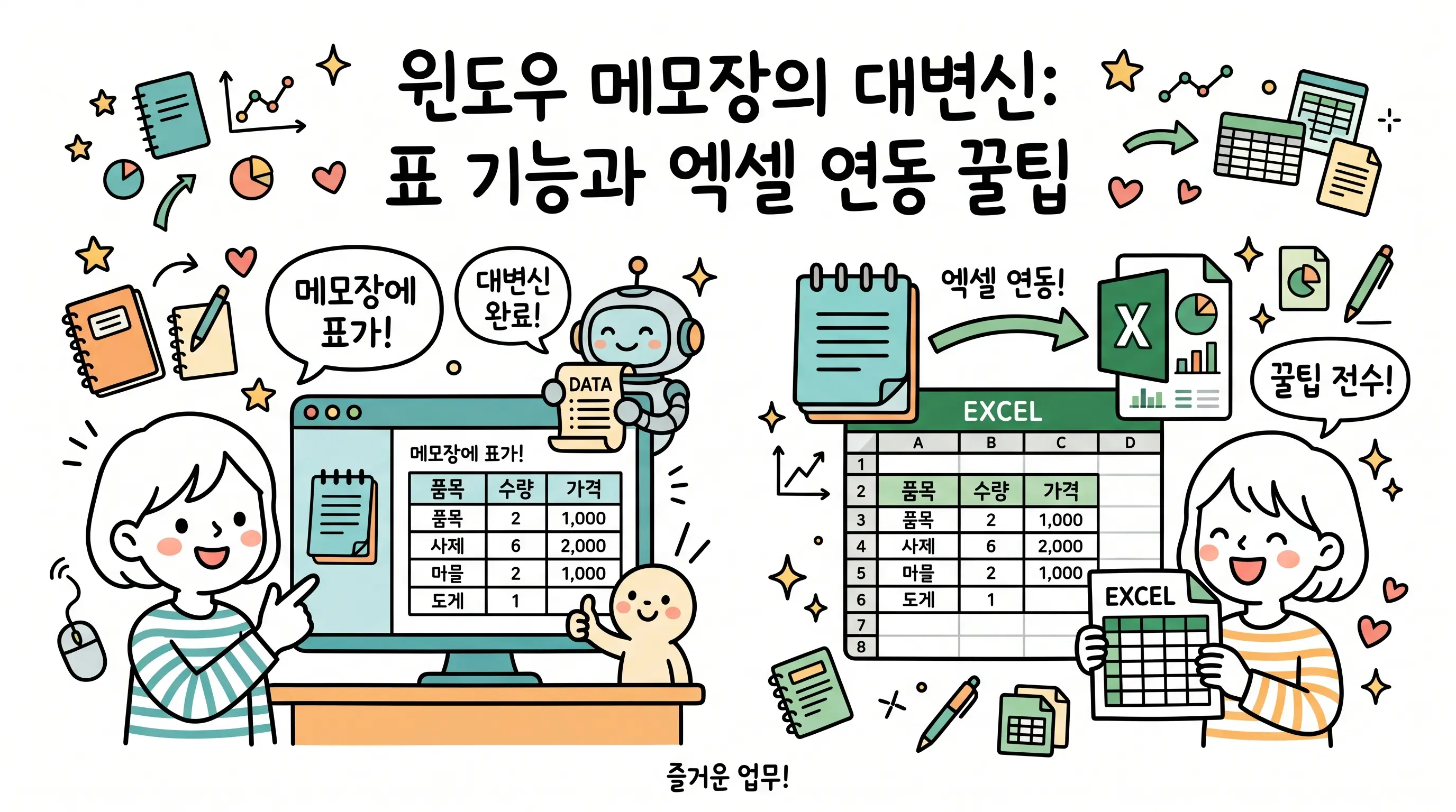 윈도우 11 메모장의 표 삽입 기능과 엑셀 연동 예시