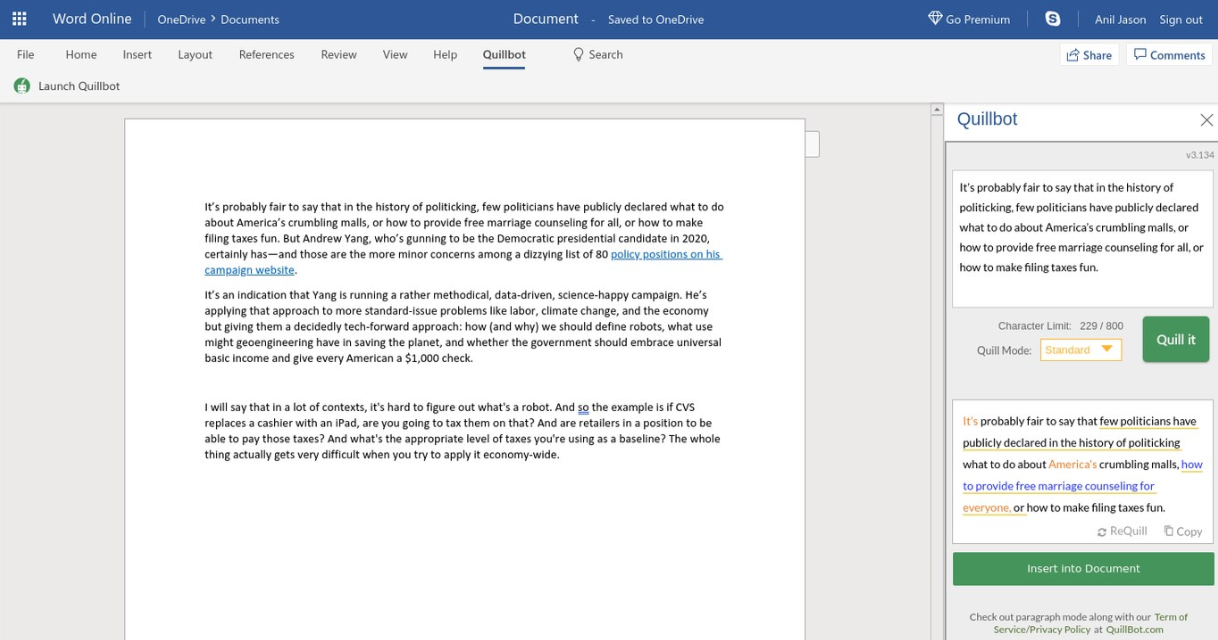 Quillbot 애드인 사용 이미지