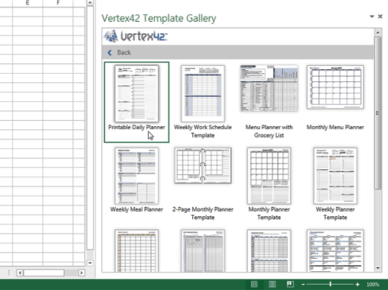 Vertex42 Template Gallery 애드인 사용 이미지