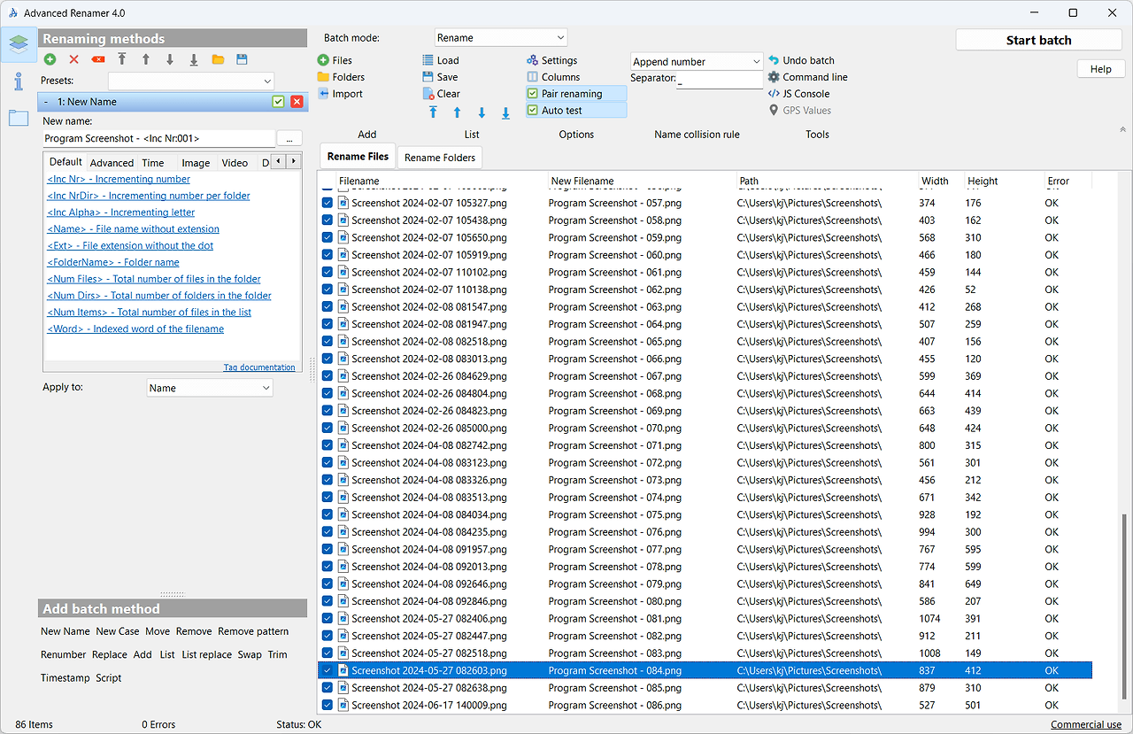 Advanced Renamer를 사용하여 파일 이름을 일괄 변경하는 화면