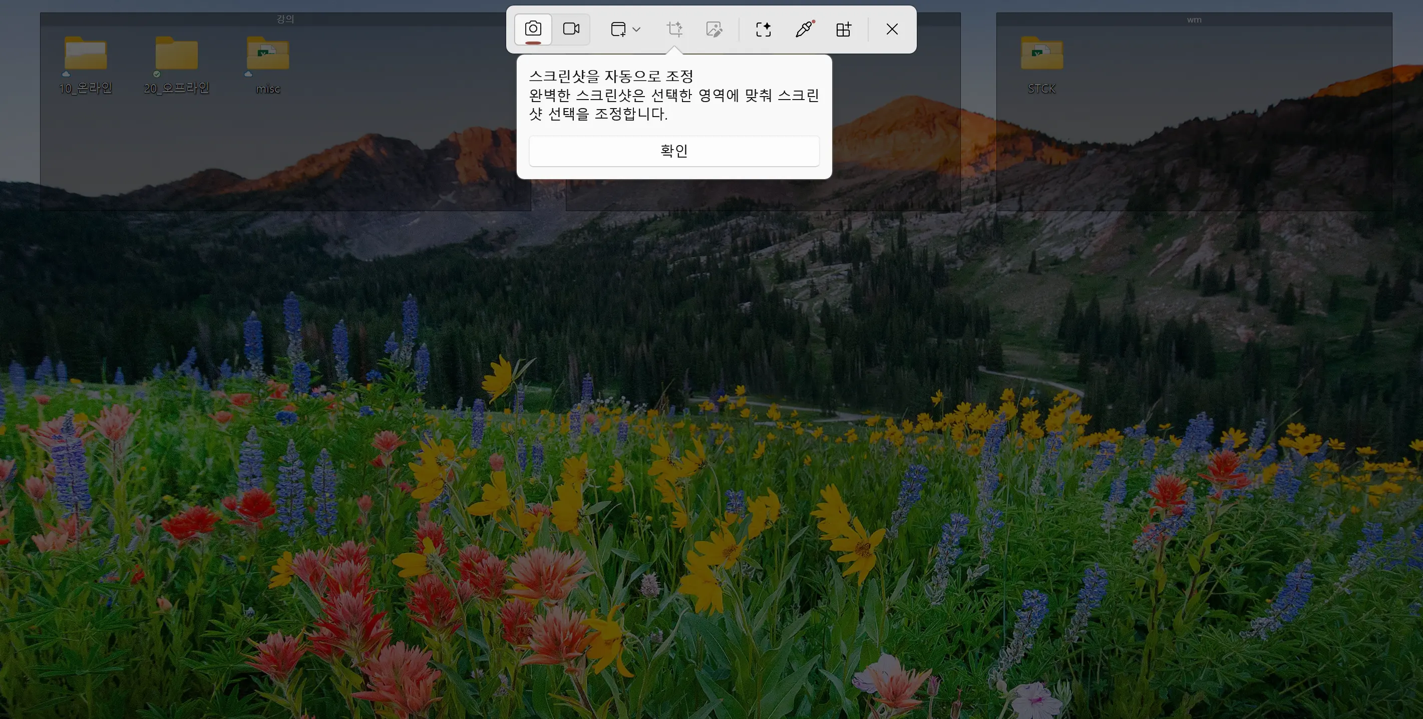 Windows 키 + Shift + S를 눌렀을 때 화면 상단에 나타나는 캡처 도구 패널
