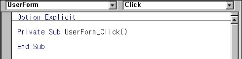 UserForm의 코드 창에 UserForm_Click 프로시저가 나타난 화면
