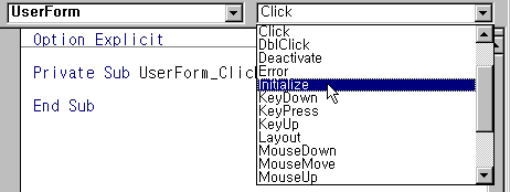 코드 창의 이벤트 선택 메뉴에서 Initialize 선택