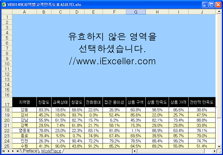 유효하지 않은 영역을 선택하여 안내 메시지만 표시된 화면