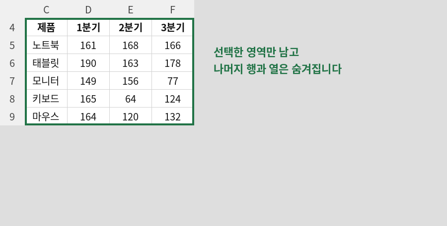 단축키를 누른 후 선택한 영역만 남고 나머지 행과 열이 숨겨진 워크시트